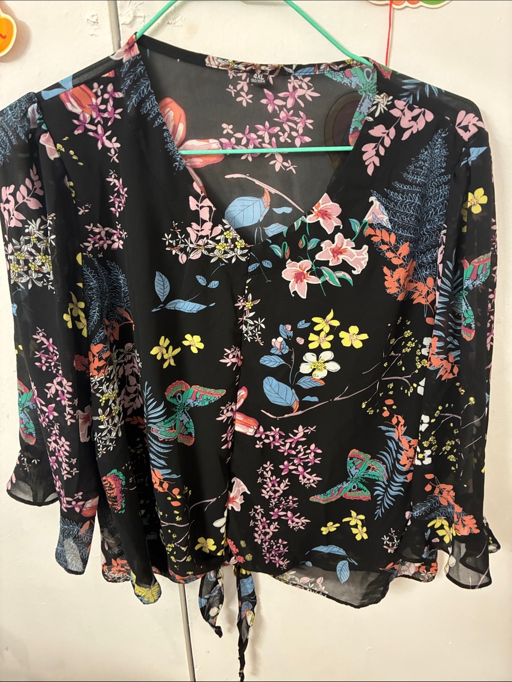 Floral Tie-Hem V-Neck Blouse - Black with Multicolor Print
